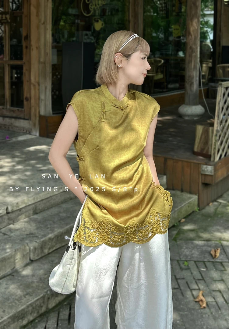 SYL2025夏季新款下摆蕾丝国风上衣8019