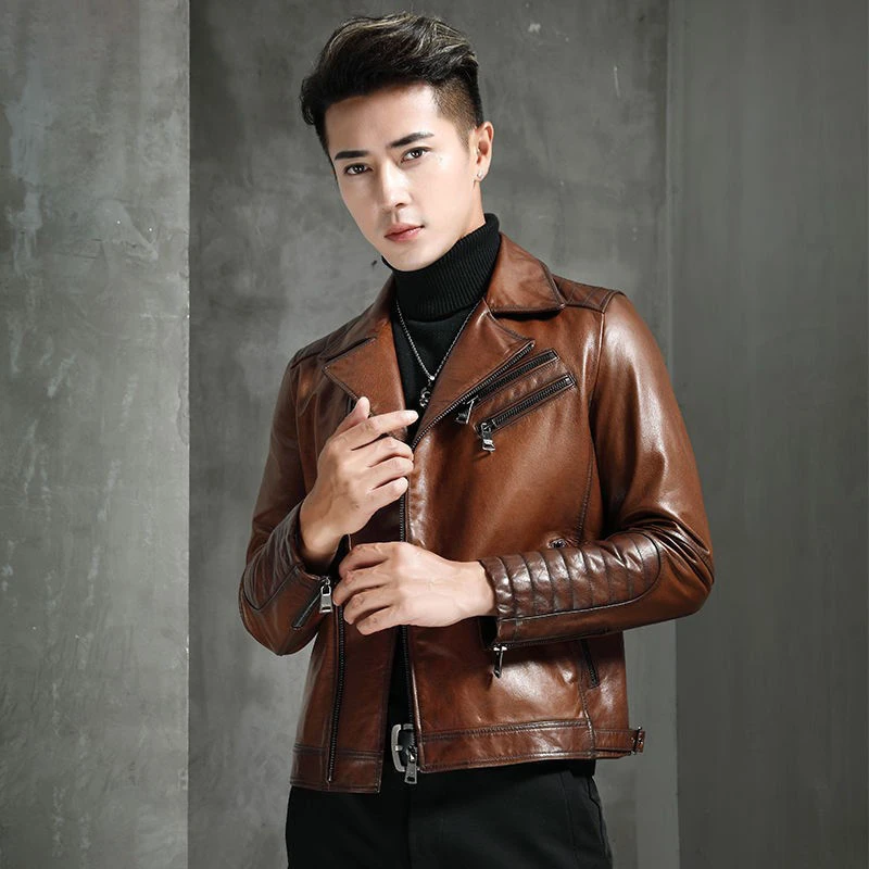 真皮皮衣男修身油蜡绵羊皮机车皮衣男真皮短款海宁皮衣夹克外套秋