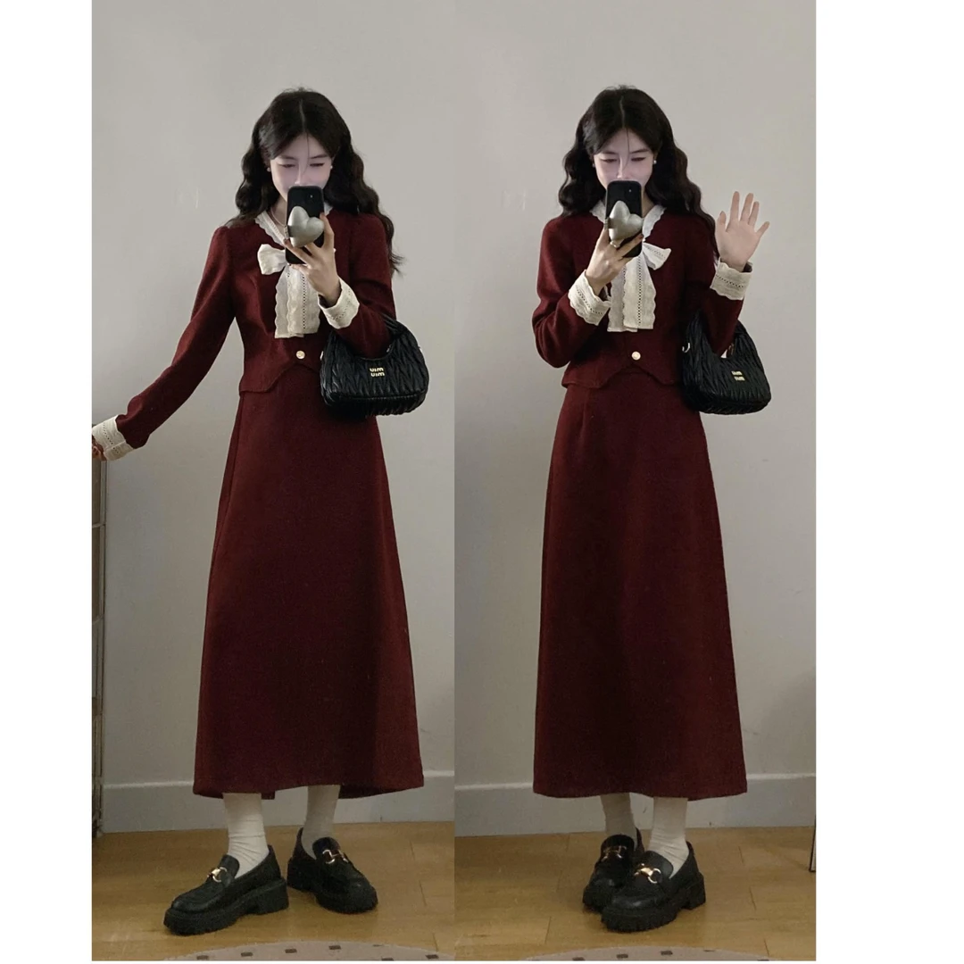 大码法式小香风套装裙女红色结婚订婚回门穿搭冬装两件套60265