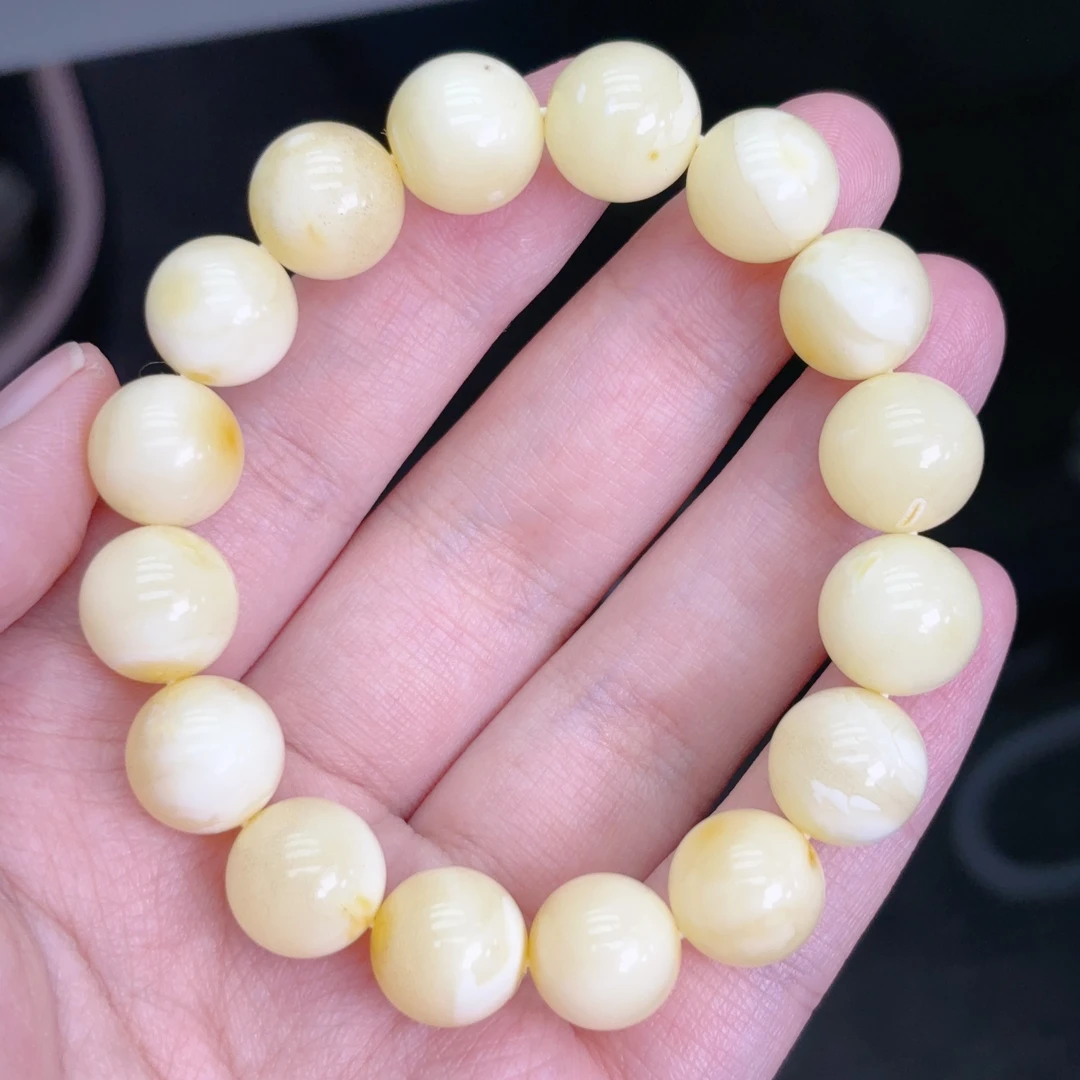 白花蜡满蜡12mm瑕疵蜜蜡圆珠手串（093号）