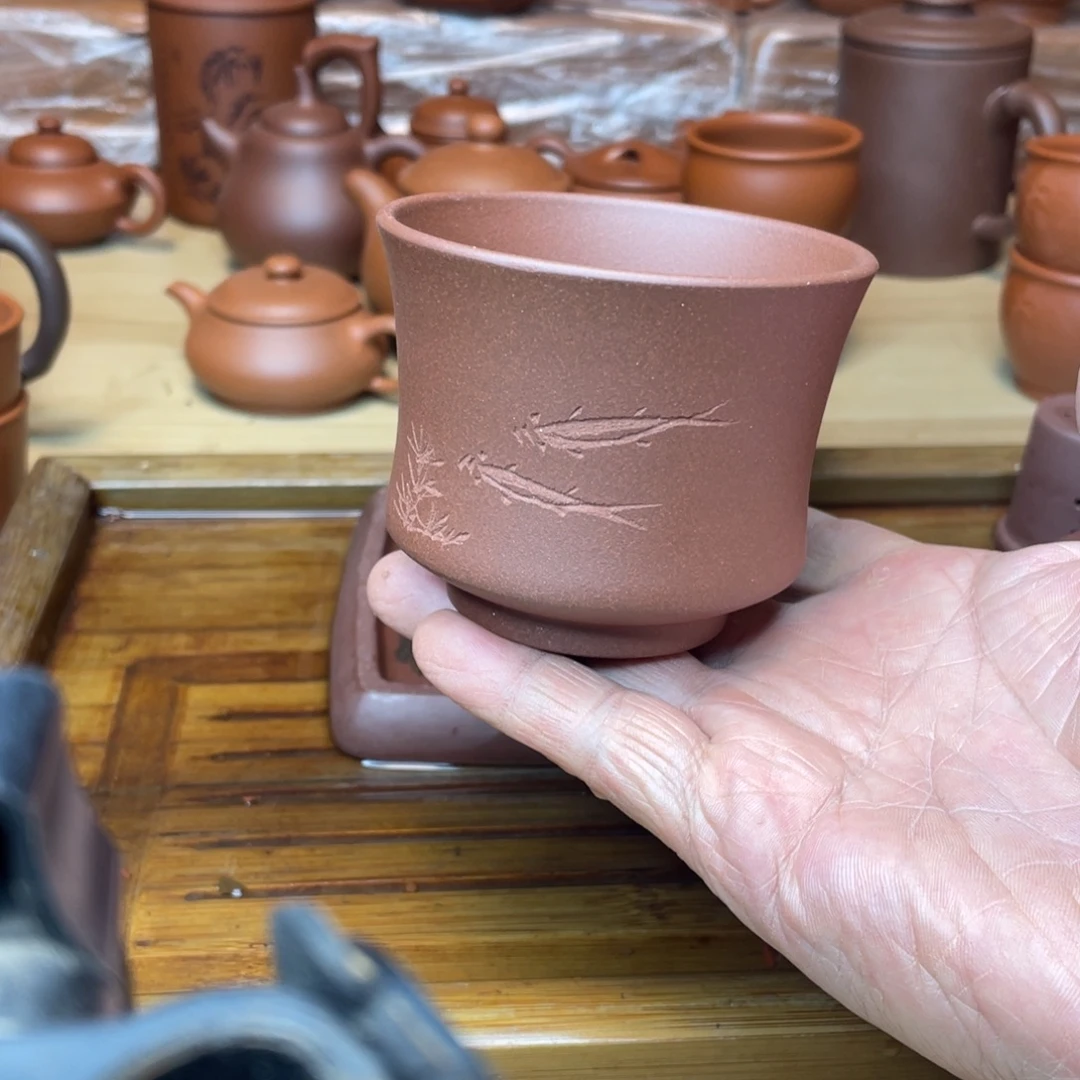 茶壶紫砂原矿底槽青手刻主人杯