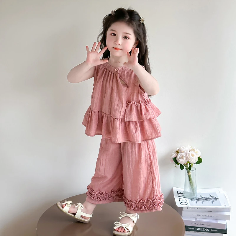 女童夏季套装2025新款儿童洋气时髦时尚女宝宝花边背心韩版两件套