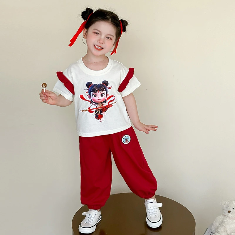女童亮灯哪吒短袖套装洋气儿童夏季新款女宝宝休闲两件套小女孩潮