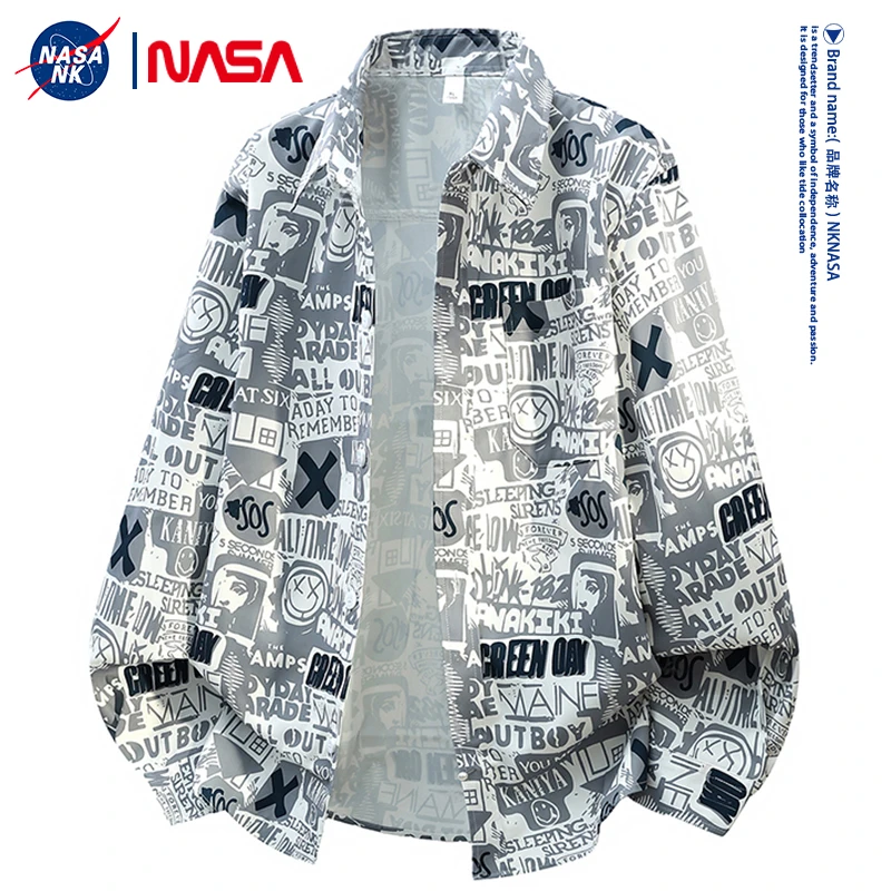 NASA联名美式高街长袖衬衫男女同款春秋季青少年满印字母潮牌外套
