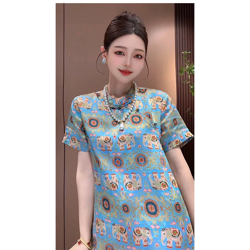 【吉象如意】国风新中式奥黛旗袍人丝提花复古A字连衣裙短裙裙子女
