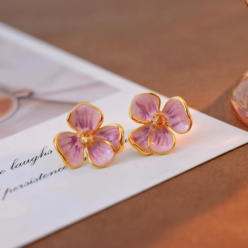 合金耳饰 镀金纯银925银针花瓣珍珠耳饰渐变超仙耳环花朵珐琅耳钉