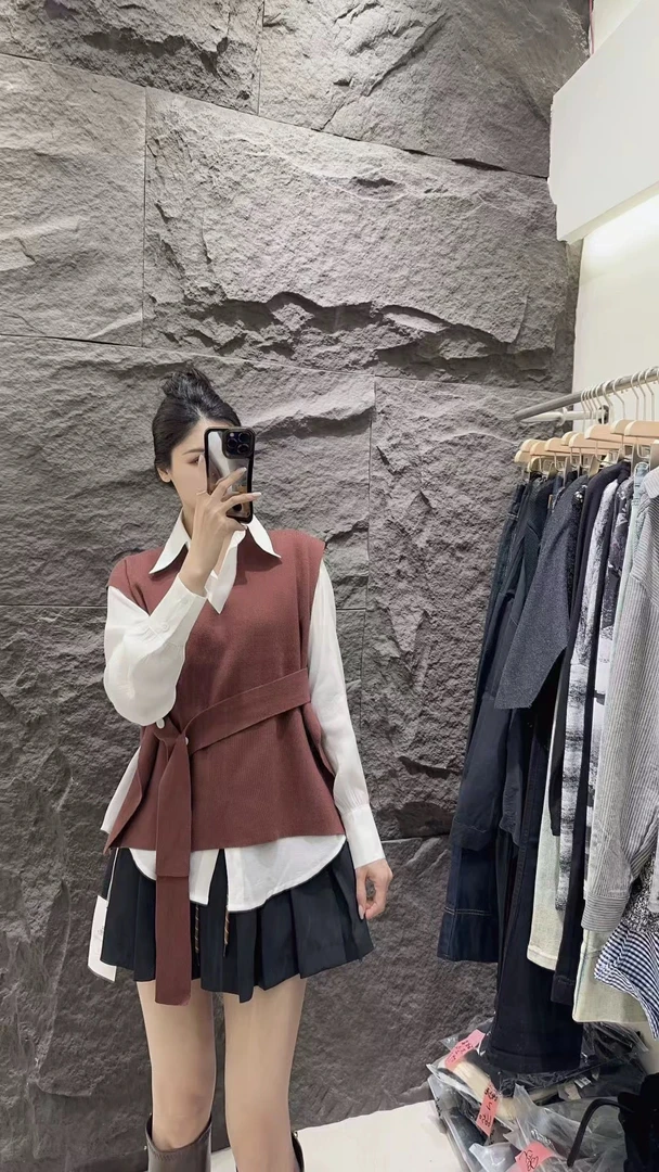 欧货气质百搭韩版两件套长袖衬衫针织马甲套装春秋独特叠加打底