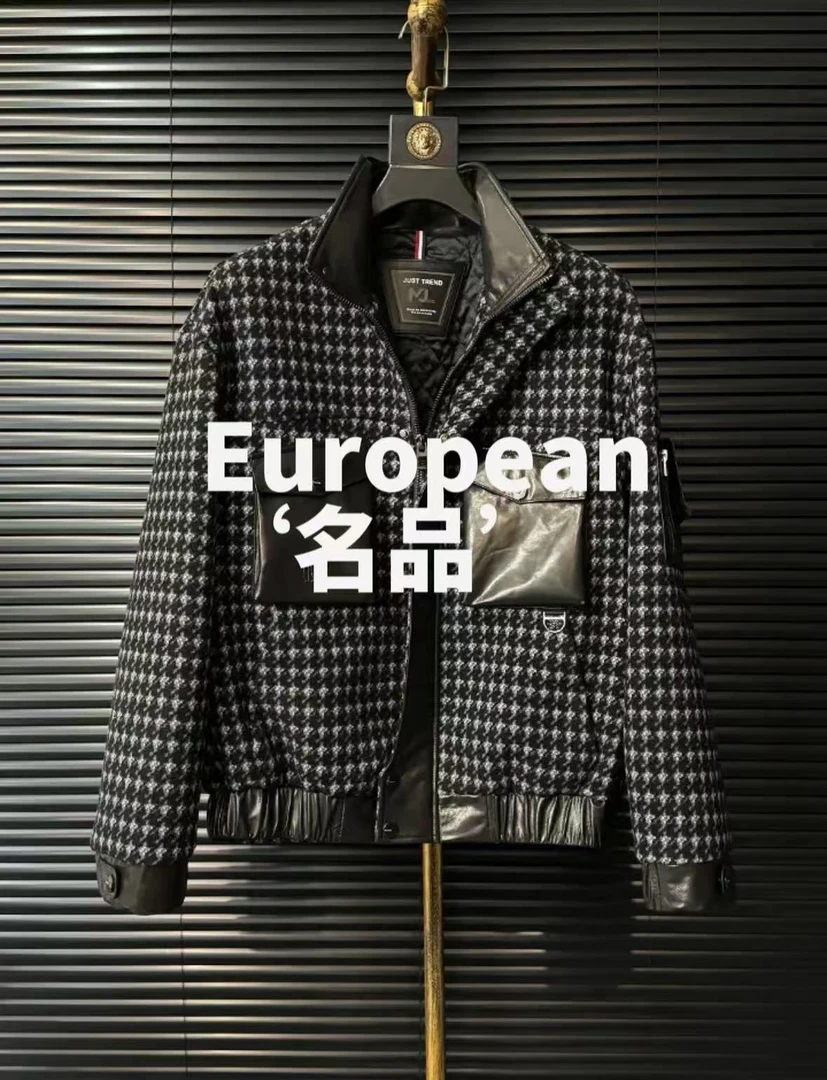 European名品男士千鸟格休闲皮衣22518