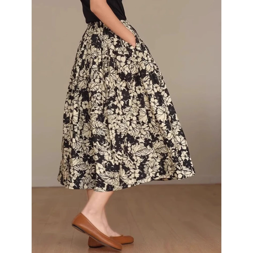 碎花新款显瘦半身裙法式2025夏季中长款氨纶大摆风格裙子高腰女士