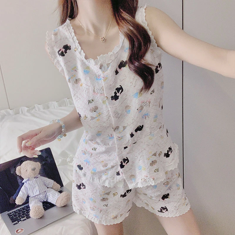 2025新款睡衣女士夏季云朵棉无袖背心套装时尚少女款带胸垫家居服