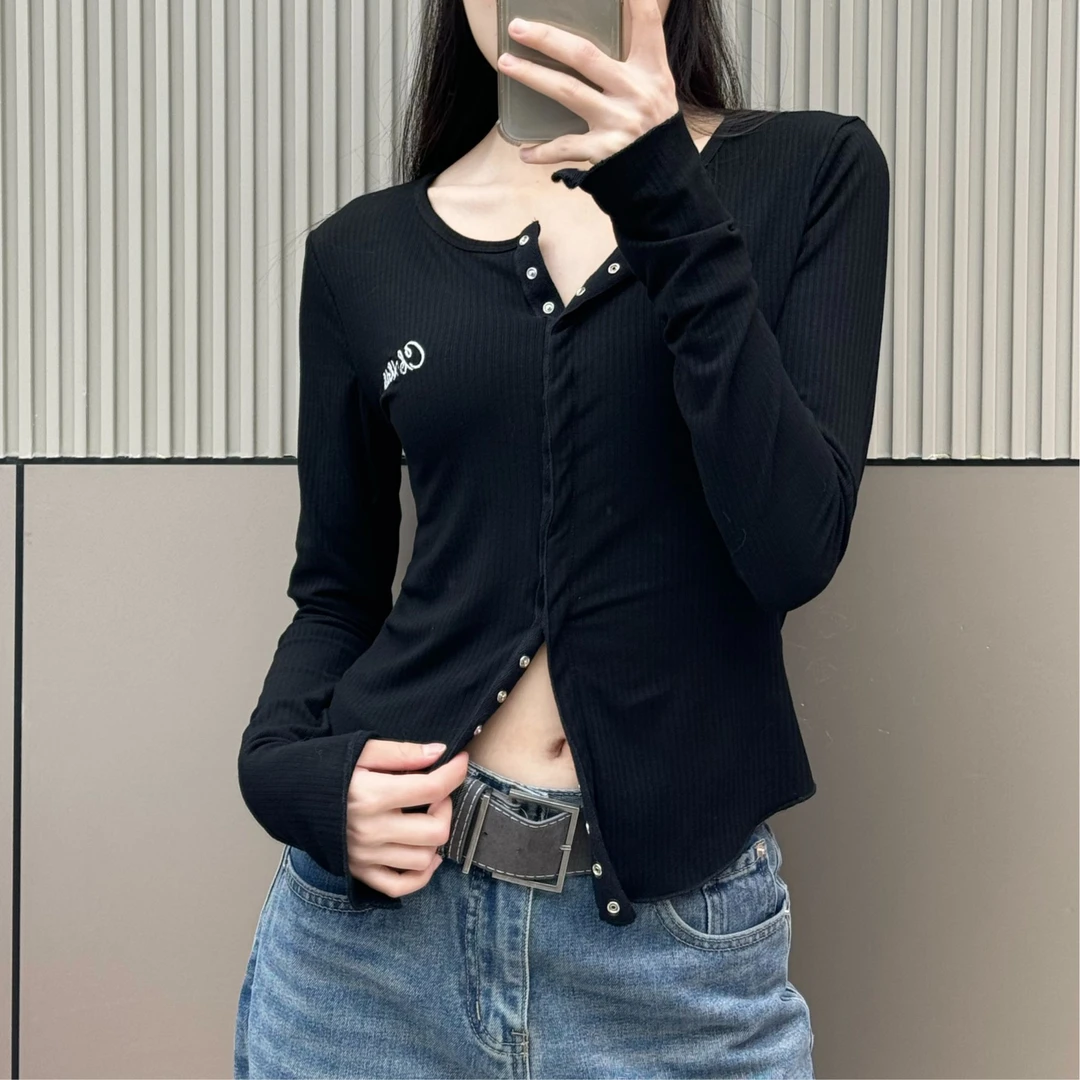 长袖爵士修身刺绣性感小衫纽扣kpop跳舞内搭新款打底辣妹短款上衣