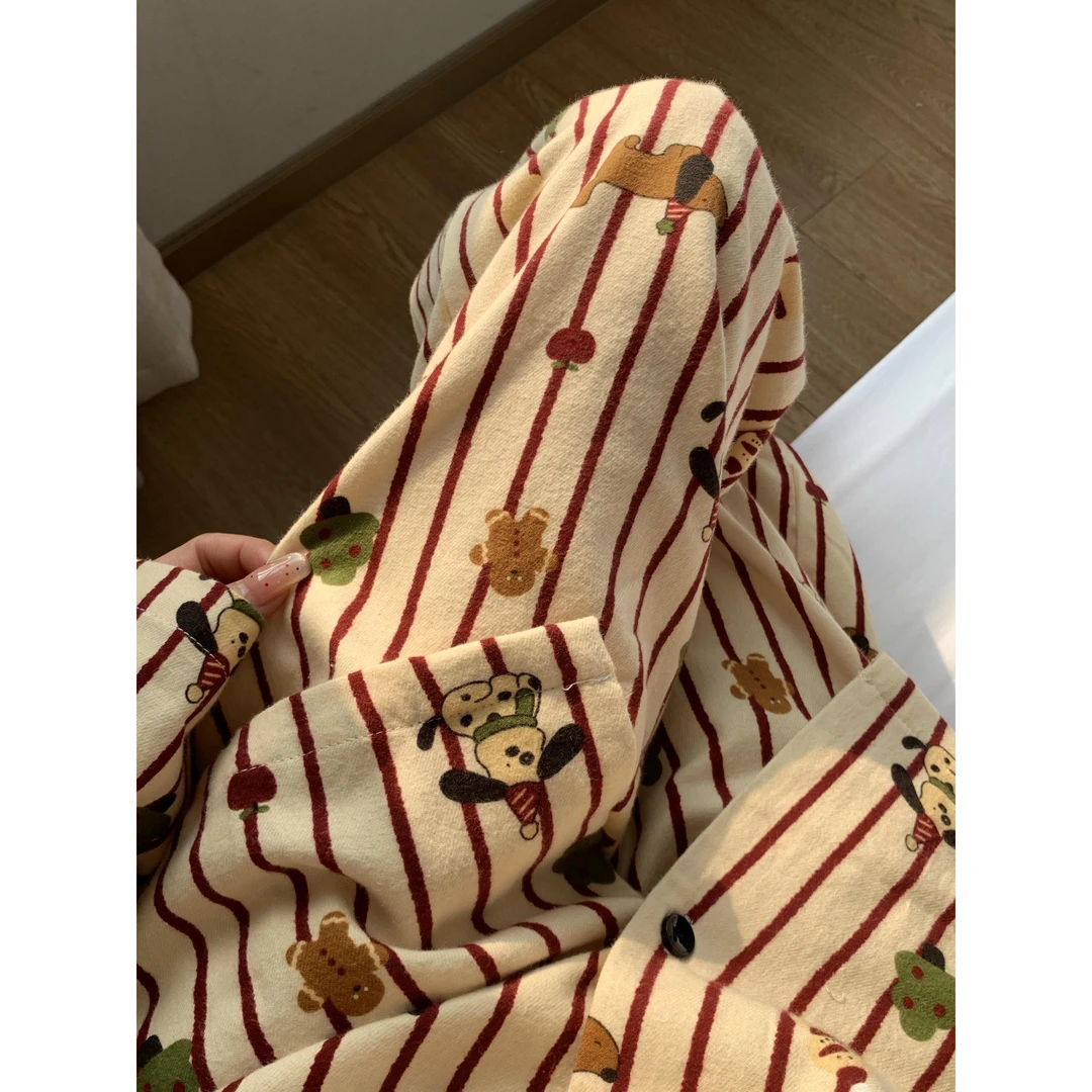【条纹小狗】韩版可爱卡通磨毛睡衣女秋冬季新款甜美家居服两件套