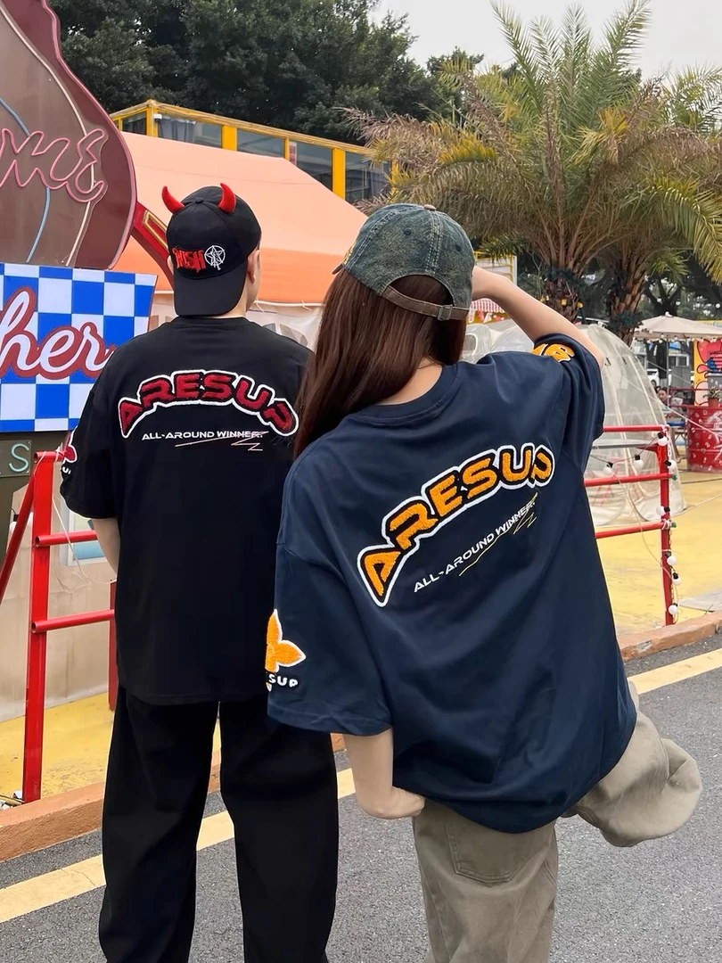 金大牙国潮美式重工刺绣字母短袖T恤男女潮牌夏季宽松情侣上衣