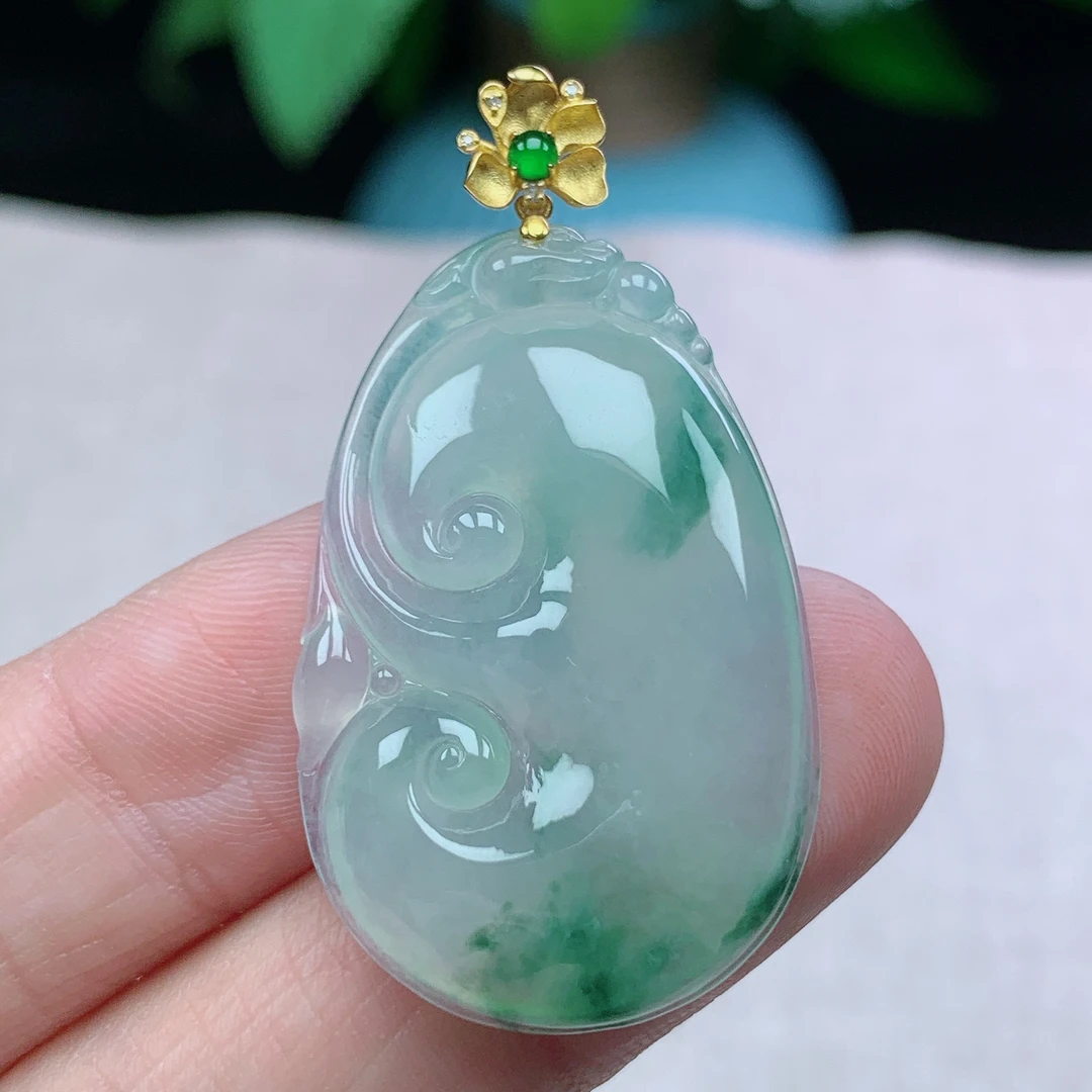 l缅甸天然翡翠A货36-23.5-5.6玉石老坑冰种飘花如意吊坠女士冰透