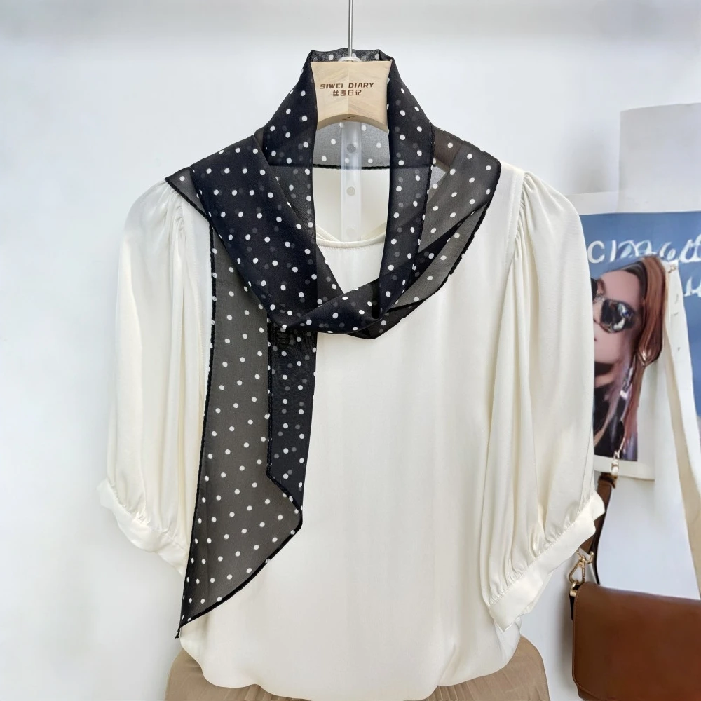100%桑蚕丝洋气森系不掉色丝巾多功能波点气质黑白夏季韩版女