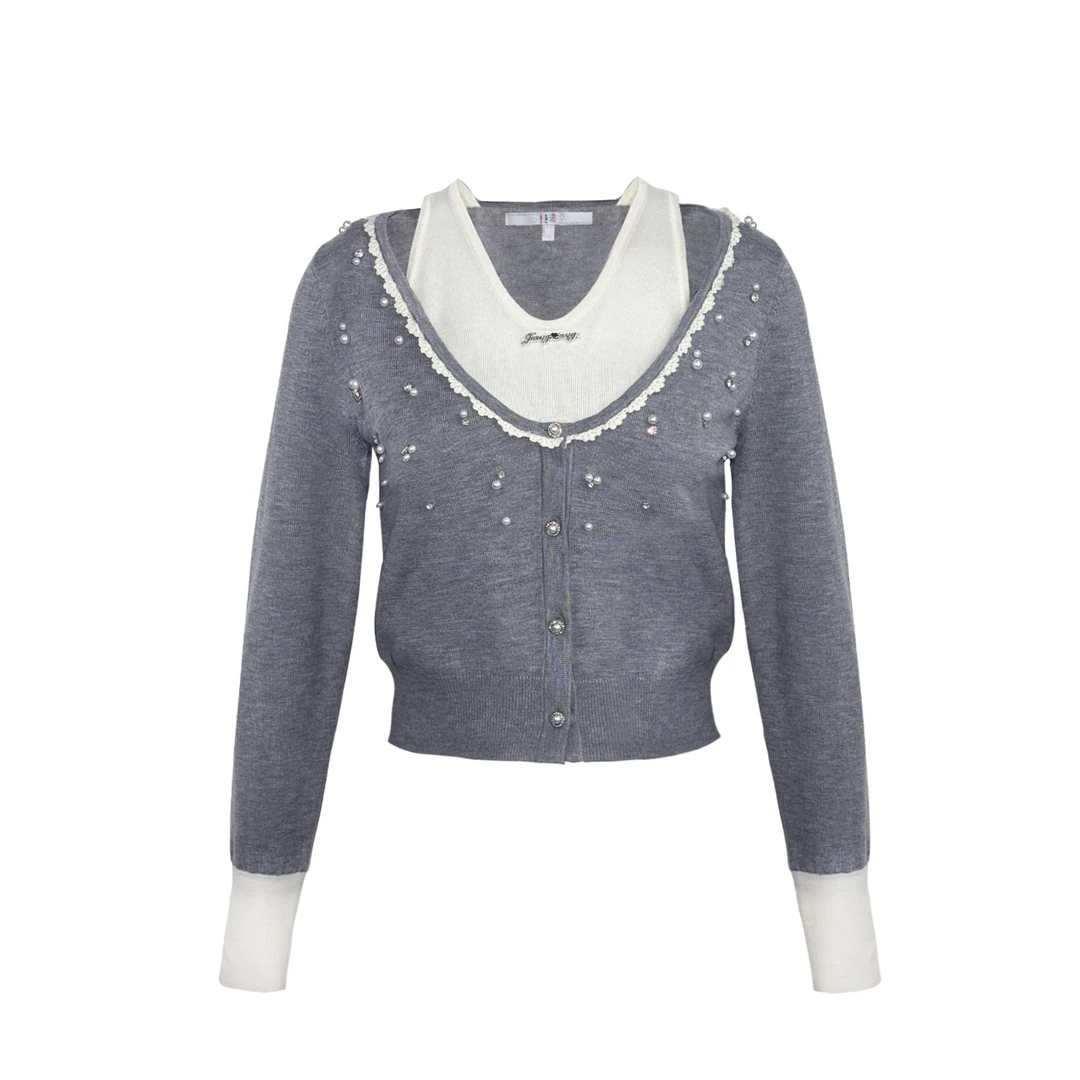 姜穹JIANGQIONG2025早春新款花边珍珠钻Logo标饰假两件针织上衣