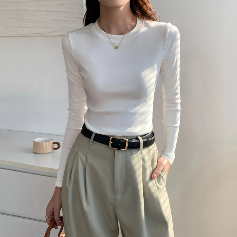 2025新款初秋穿搭圆V领长袖女装春天早秋季上衣套装内搭棉打底衫
