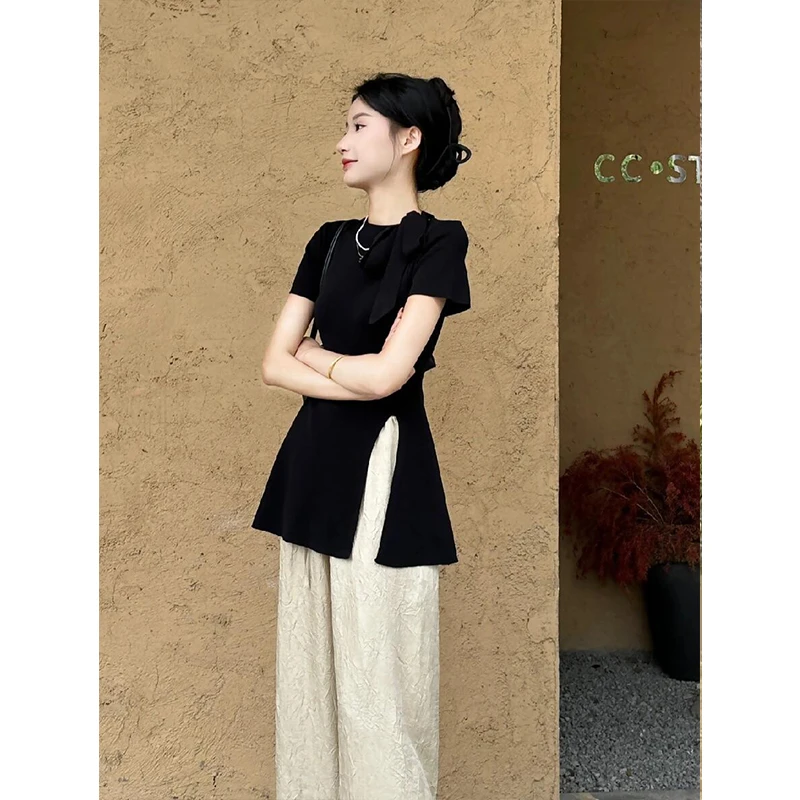 黑色开叉蝴蝶结针织短袖t恤女夏季2025新款上衣休闲阔腿裤两件套