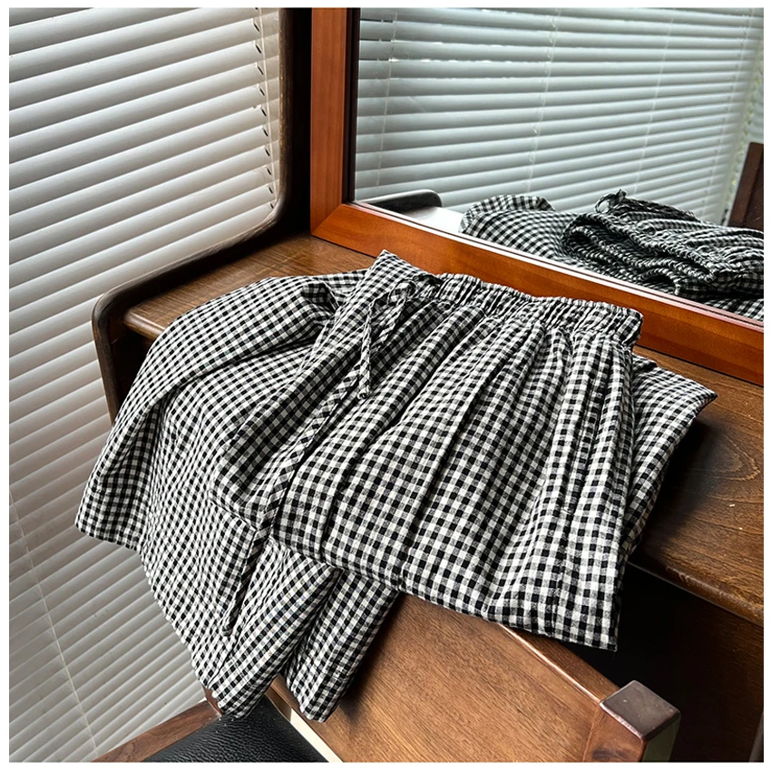 格纹控~小清新系带松紧高腰显瘦宽松阔腿九分裤女夏季薄款格子裤