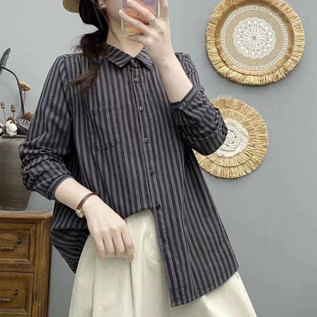 春新款文艺复古条纹双层棉纱长袖衬衫女翻领单排多扣显瘦百搭上衣