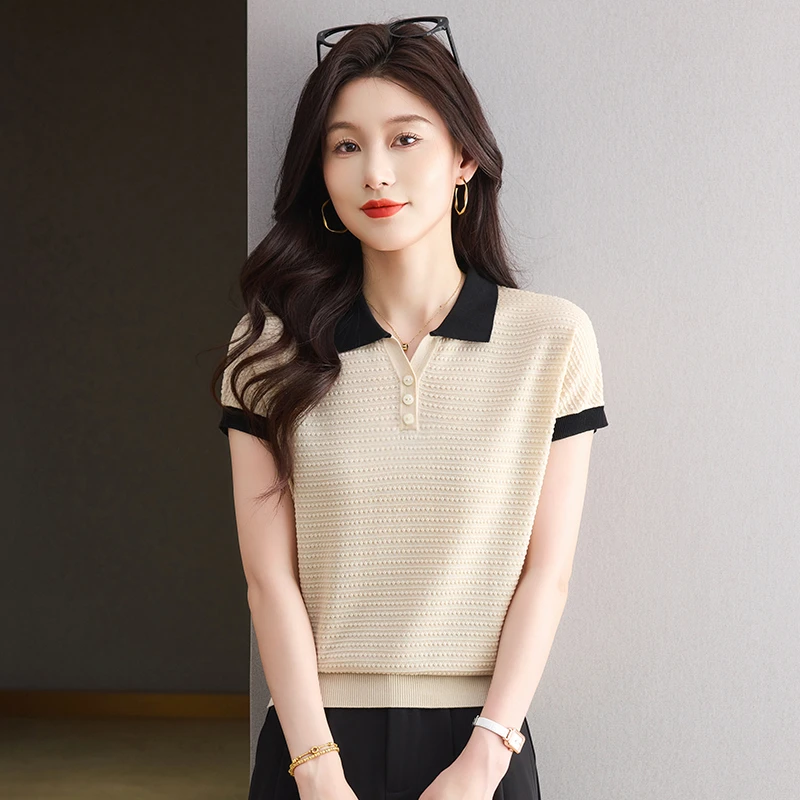 天丝短袖T恤女独特漂亮小衫夏季薄款翻领时尚洋气衣服女小众女装