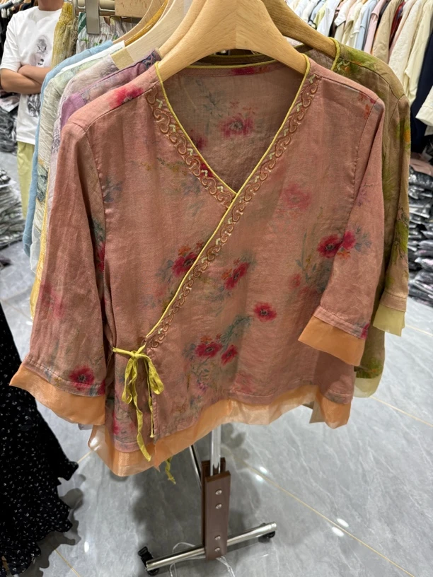 妈妈装文艺复古显瘦时尚宽松中国风印花衬衫8982
