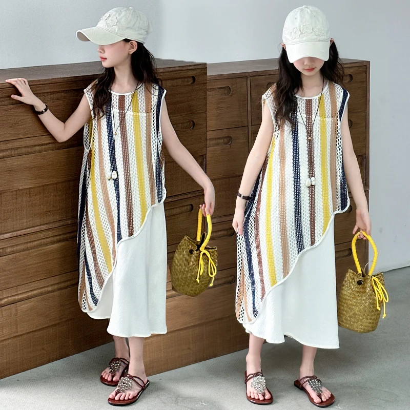 女童夏季连衣裙2025新款洋气中大童度假风儿童夏装无袖叠穿长裙子
