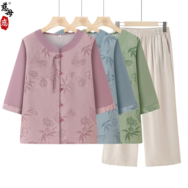 奶奶夏装衬衫七分袖大码中老年人女妈妈装夏季衬衣老太太老人衣服