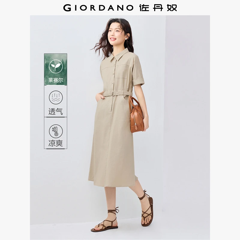 佐丹奴莱赛尔清凉透气连衣裙女夏配腰带翻领连袖连衣裙13465320