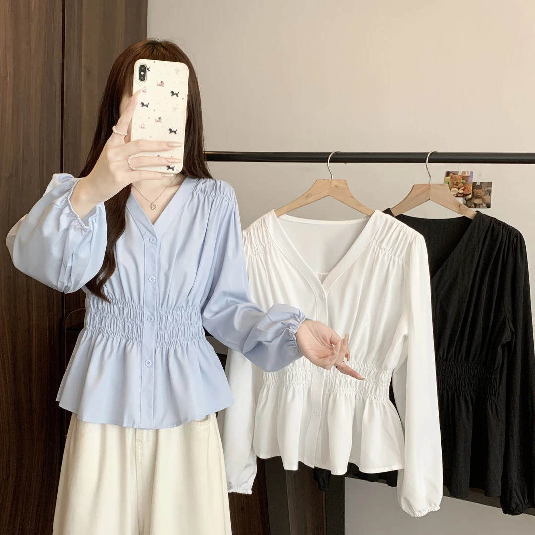 设计感褶皱V领长袖衬衫女秋季2025大码胖mm显瘦收腰遮肚裙摆上衣