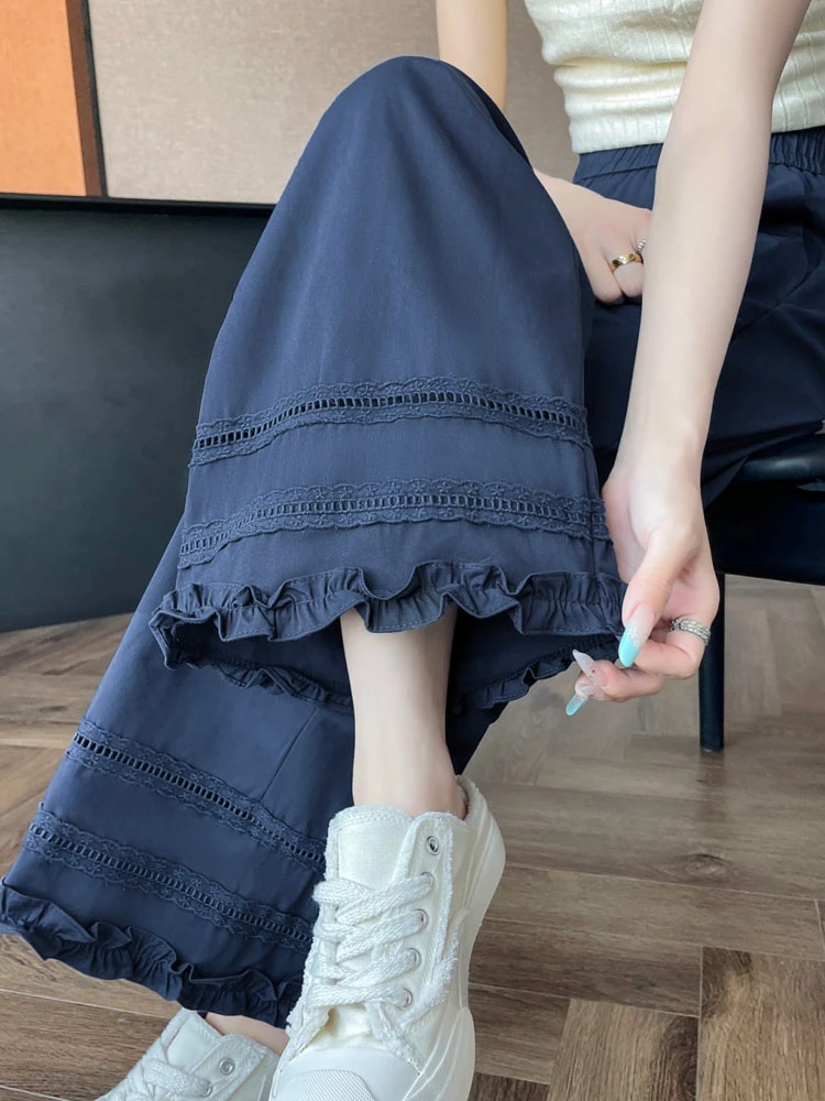 蕾丝花边勾花阔腿九分裤女2025夏季新款宽松薄款小个子大码休闲裤