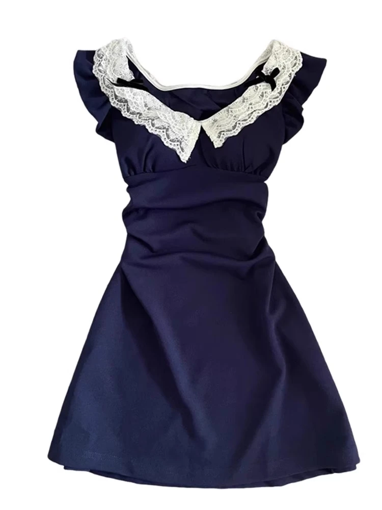 小个子法式蕾丝拼接小飞袖连衣裙子女春季2025新款纯欲风收腰短裙