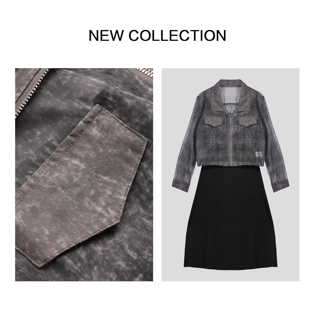 【冰姐专属】L1F38078B 优雅双层：纯色打底裙+透视网纱外套