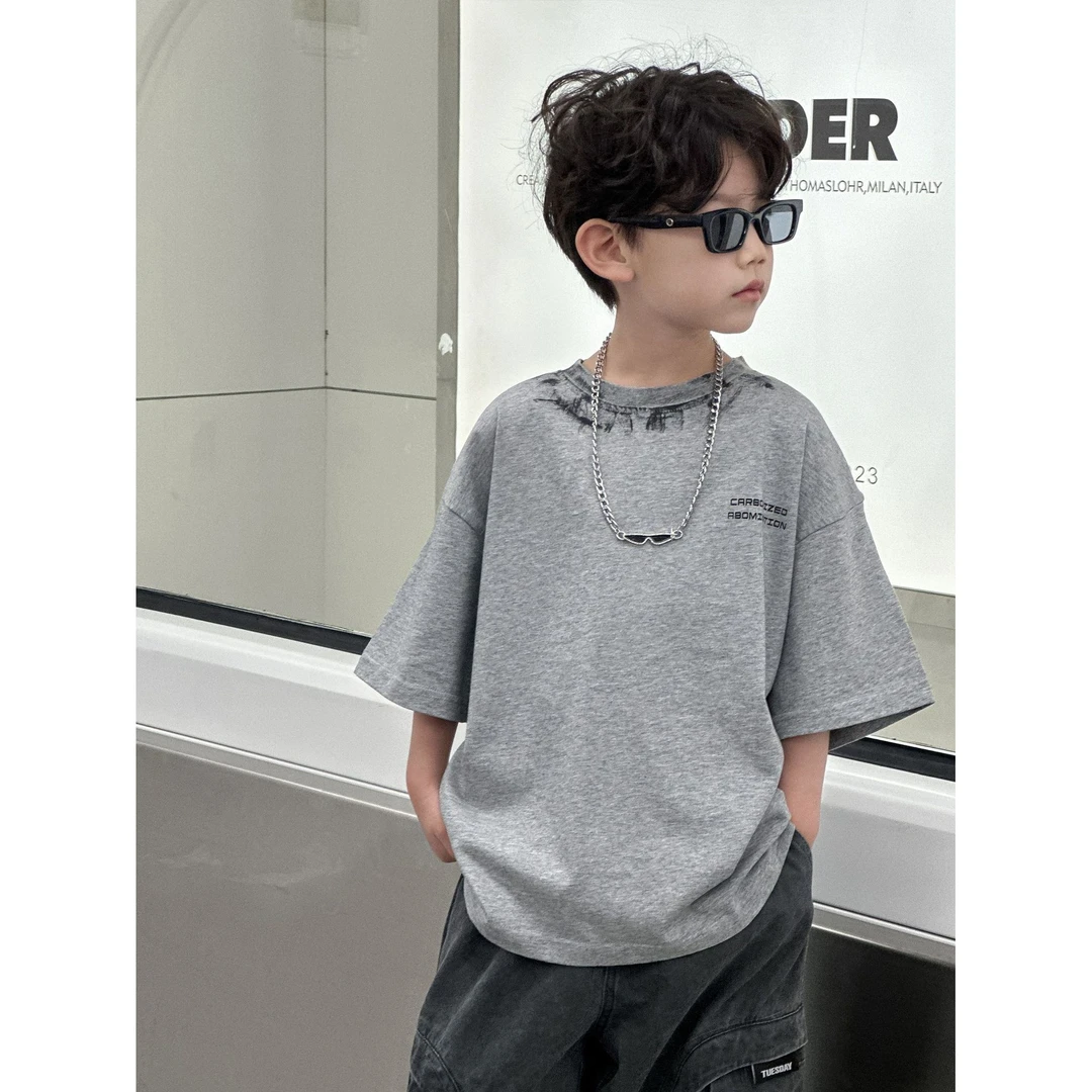 【Tang小白】儿童韩版T恤2025夏季新款男童时尚纯棉宽松圆领套头衫