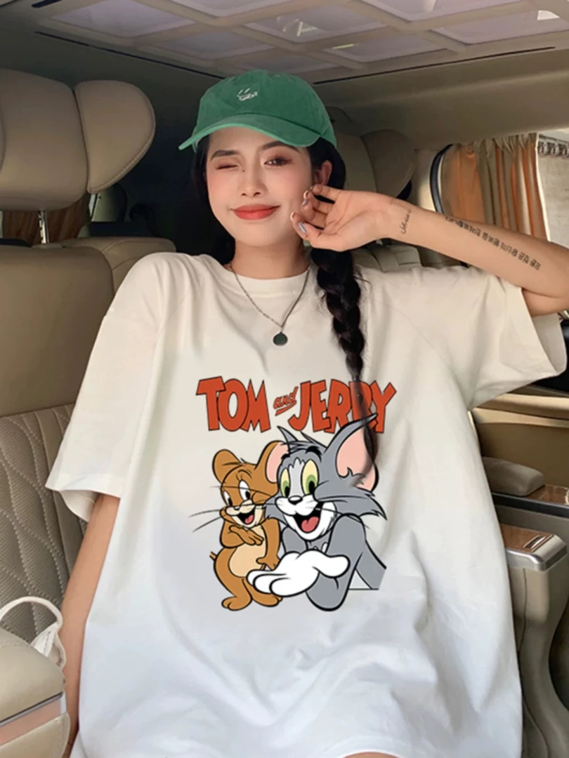 【猫和老鼠】夏季纯棉T恤女短袖休闲百搭字母短袖宽松印花透气春夏