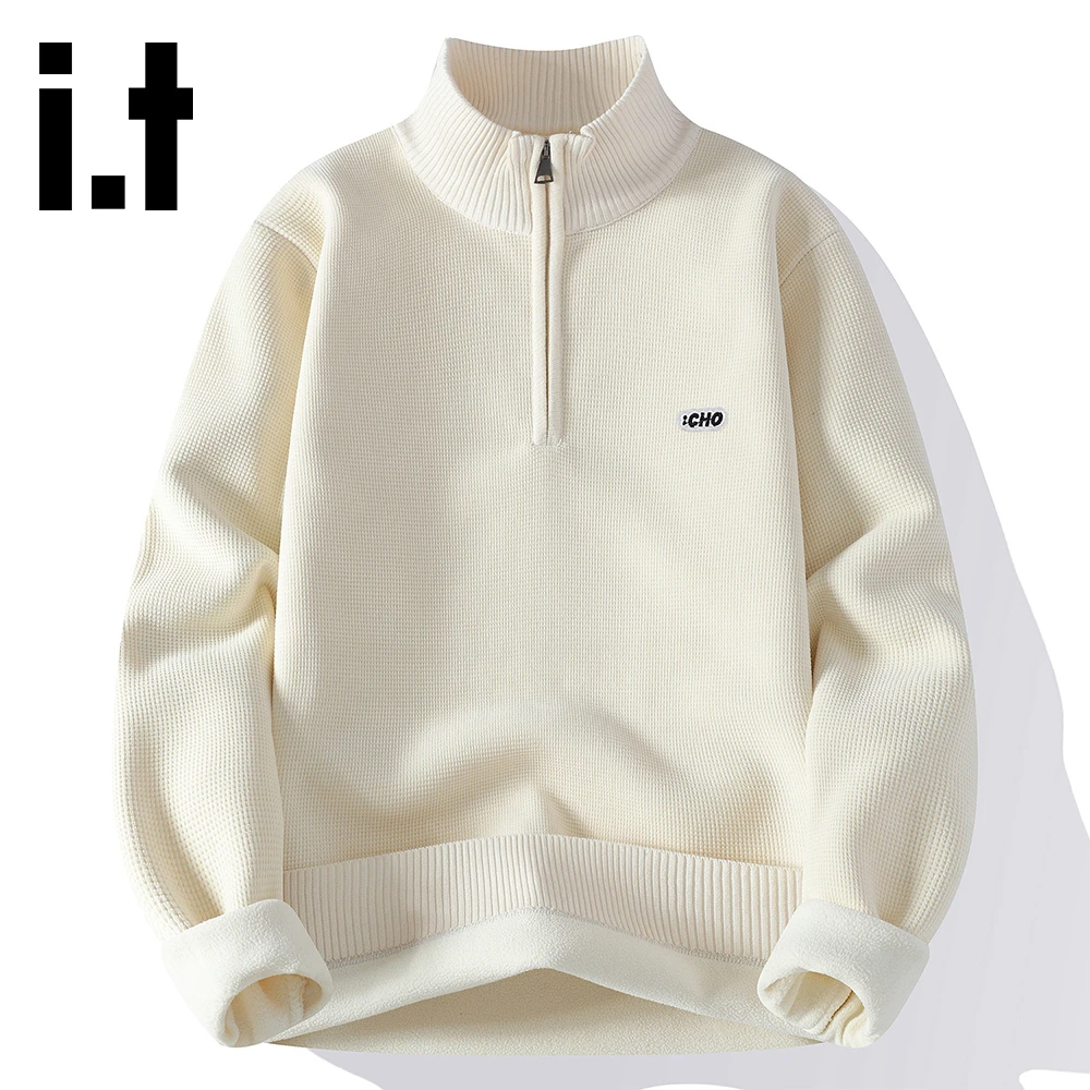 it:CHOCOOLATE秋冬慵懒风立领针织毛衣男士新款加绒保暖时尚上衣