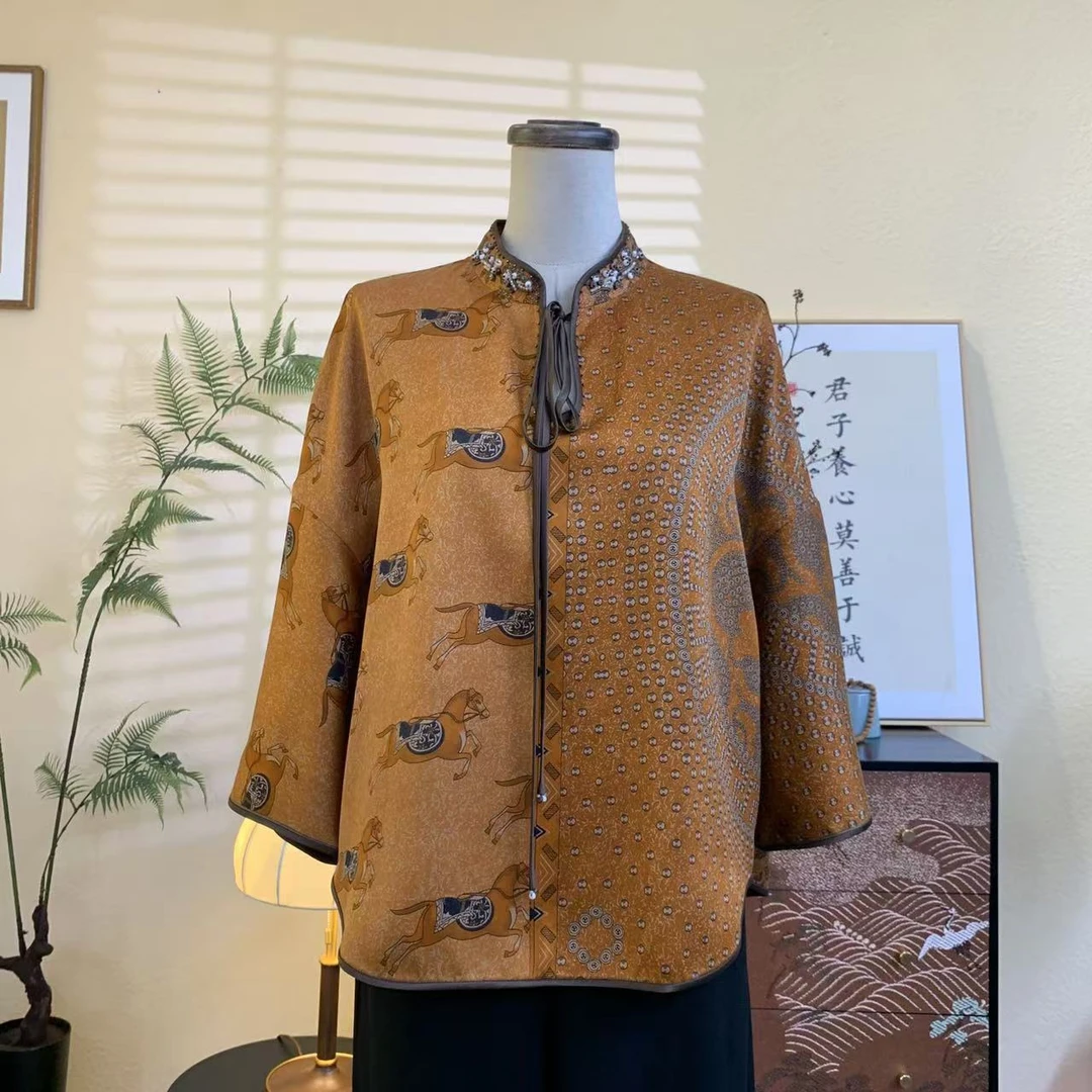 知羽.香云【橙亦】新中式桑蚕丝重缎香云纱立领落肩上衣ZY825218