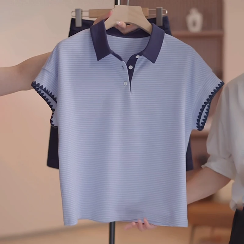 2025夏季新款女士条纹短袖Polo衫时尚显瘦减龄设计感T恤上衣