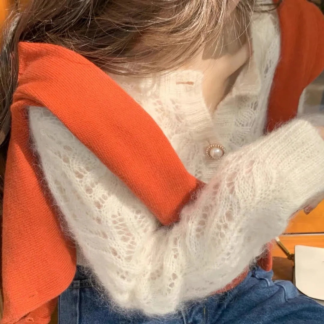 薄款毛衣外套春秋温柔风短款镂空防晒针织开衫白色上衣外穿