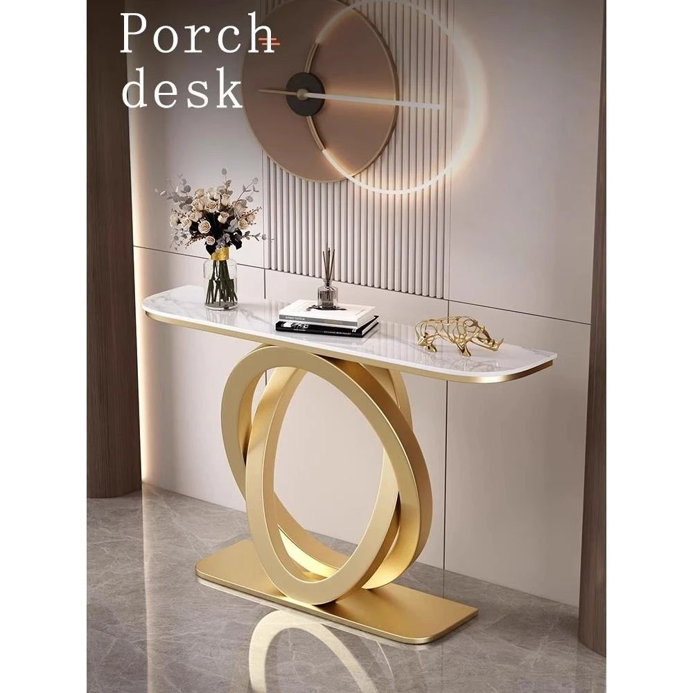 意式轻奢中式铁艺玄关岩板简约现代入户走廊靠墙条案半圆端景台