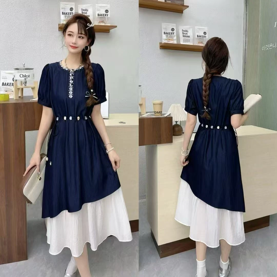 2025夏季新款时尚优雅收腰气质显瘦假两件中长款连衣裙女-182
