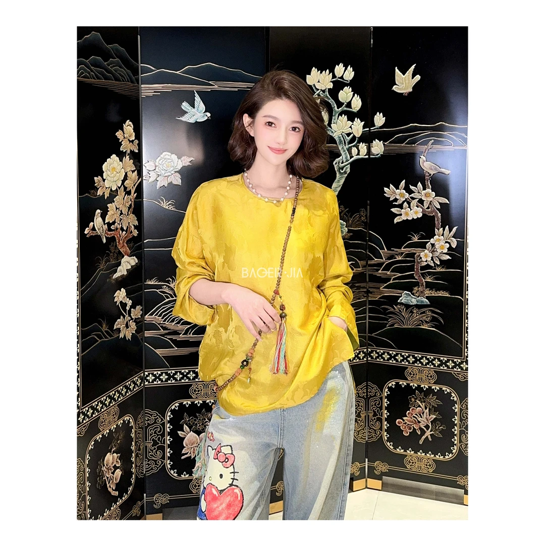 29-宝儿家含幂BK80325103XQ夏季新款穿搭蝴蝶提花圆领长袖上衣