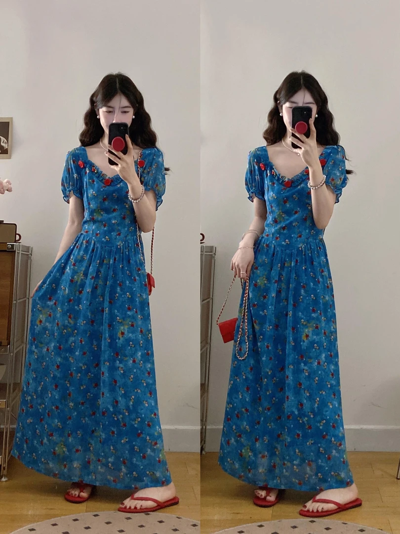 【运费补贴】夏季法式方领碎花高腰显瘦度假风短袖连衣裙