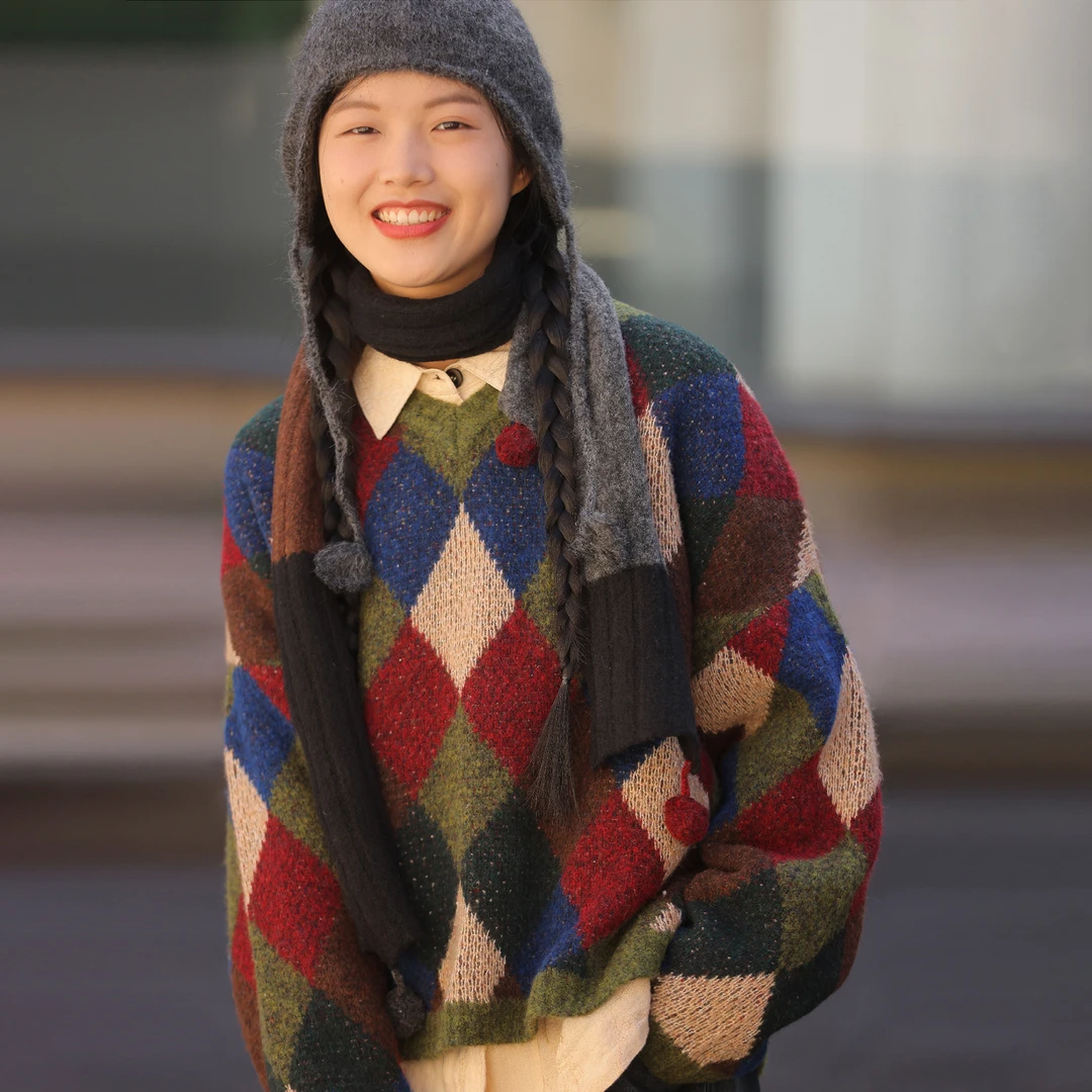 351266 羊毛混纺文艺萎格拼色V领套头针织衫 荼