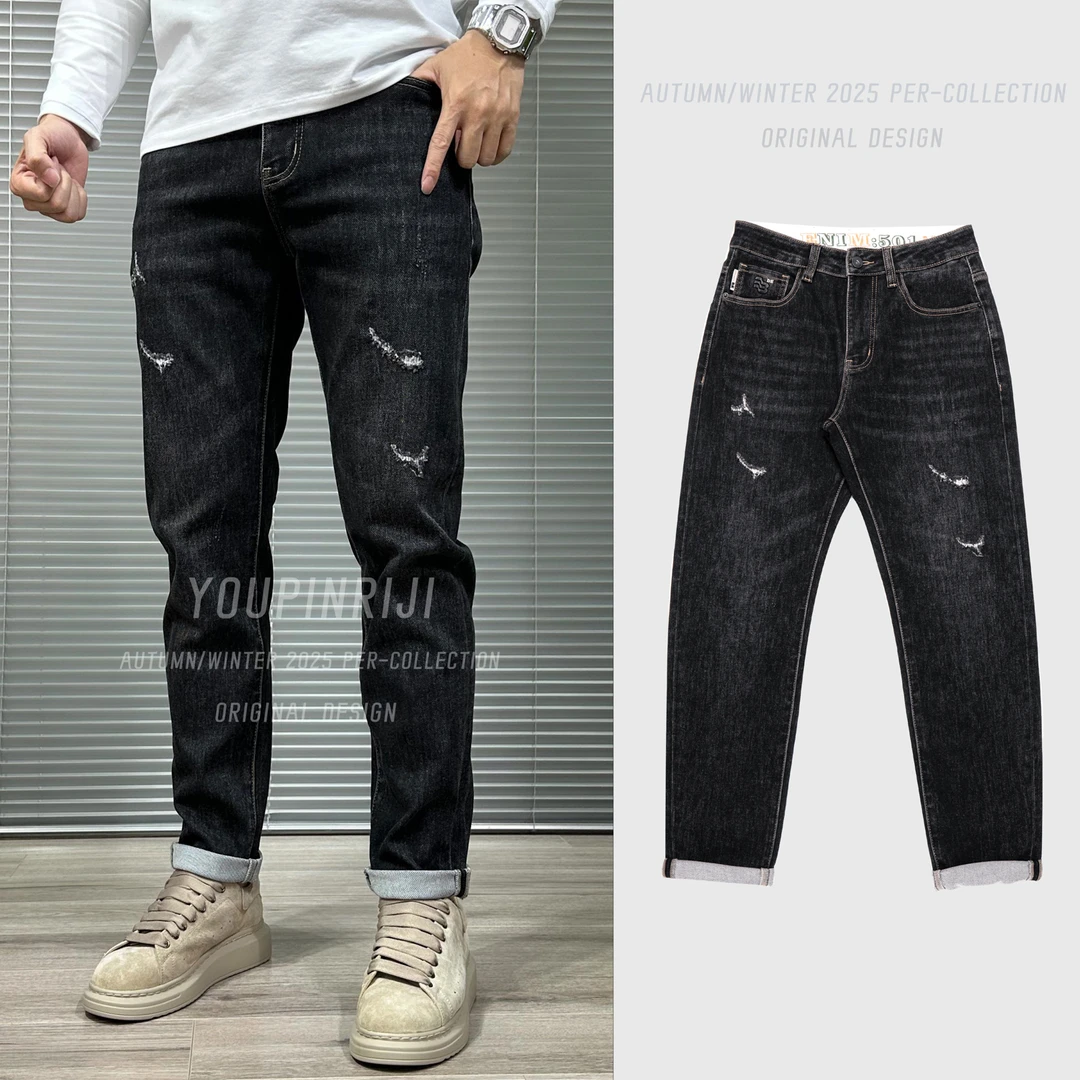 新款美式破洞小直筒弹力牛仔裤复古灰休闲男窄脚紧修身型爆23