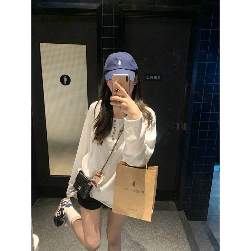 美式宽松不规则韩系纽扣长袖T恤女慵懒风早秋季罩衫新款防晒上衣