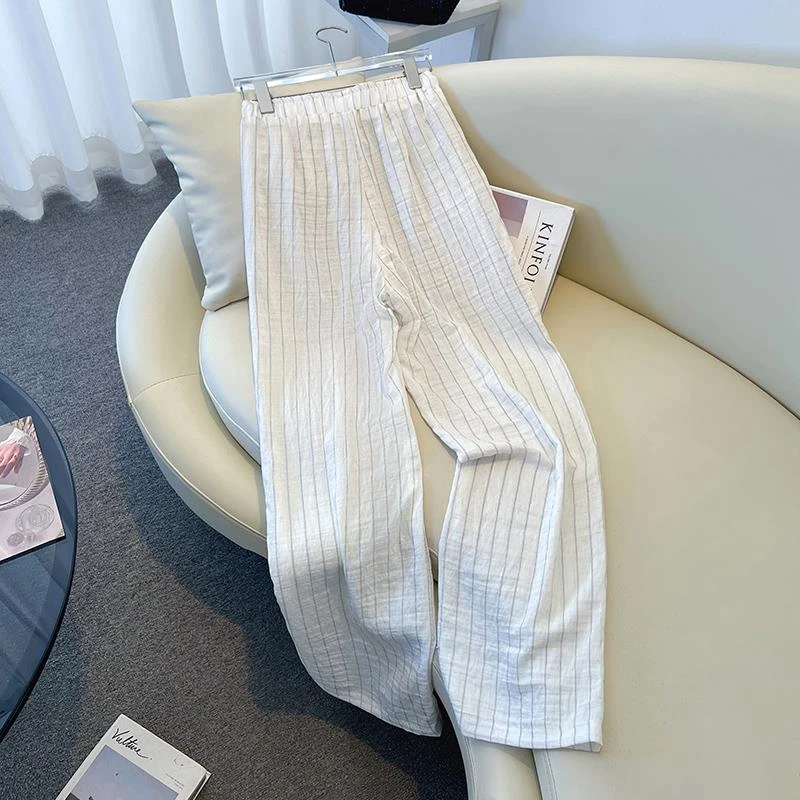 白色条纹阔腿裤女夏季薄款2025新款慵懒松弛感显瘦裤子垂感休闲裤