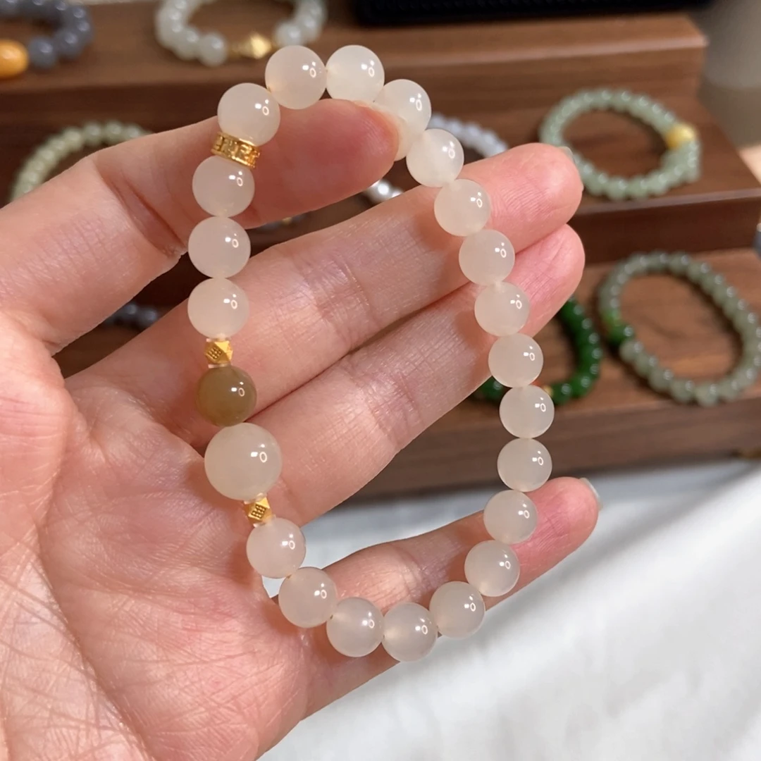 和田玉手链银S925镀金镶嵌蓝***?蜂蜜水8mm高冰底