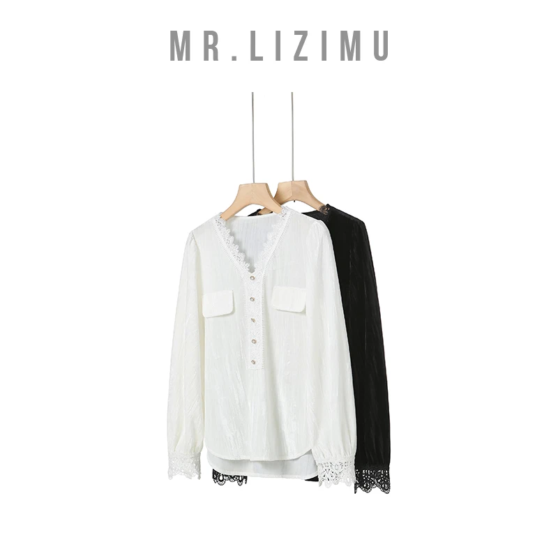 李子木先生气质V领蕾丝拼接金丝绒打底衫2025春季新款百搭D5626