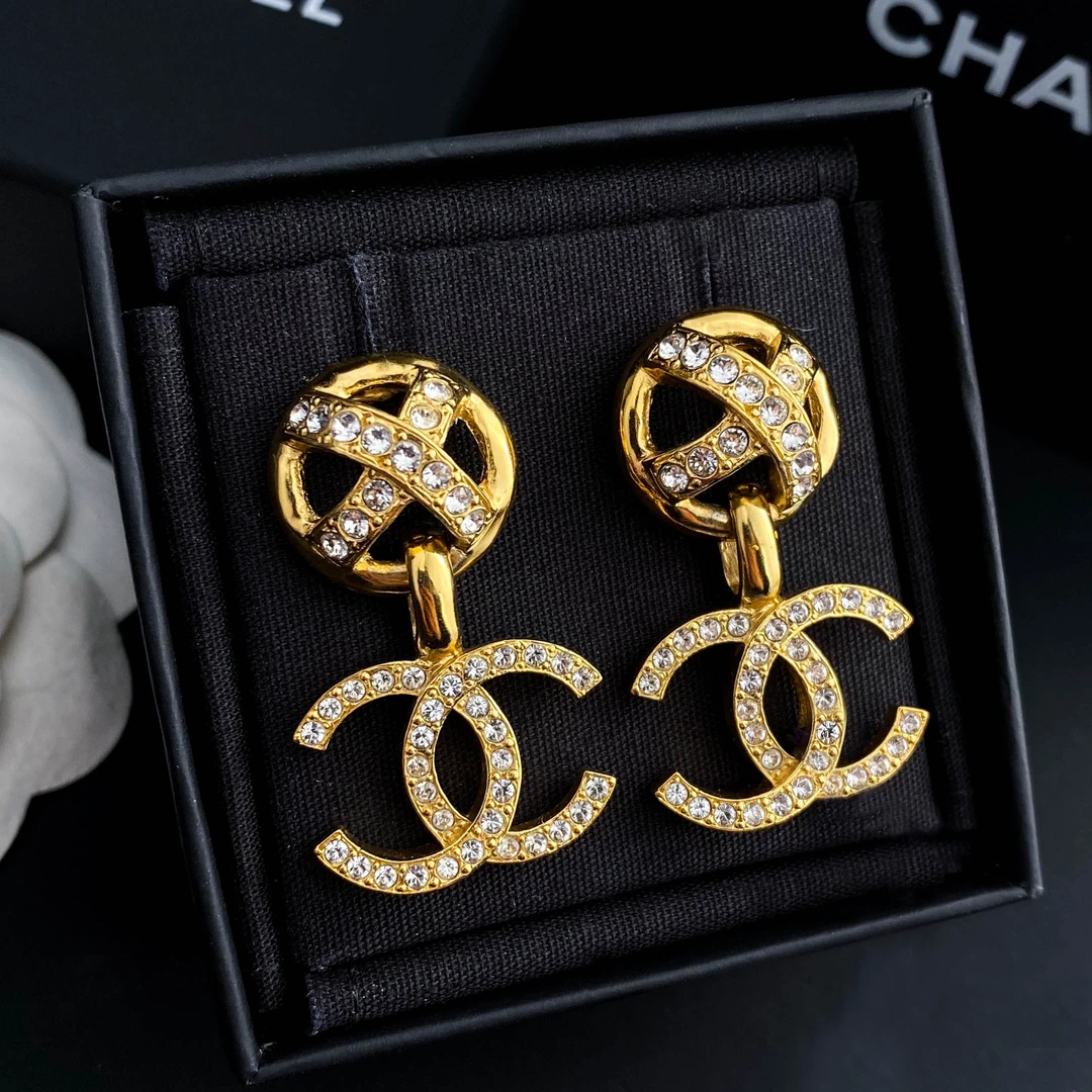 99新 Chanel/香奈儿 FL23P金色镶钻logo圆形镂空耳环 S6425